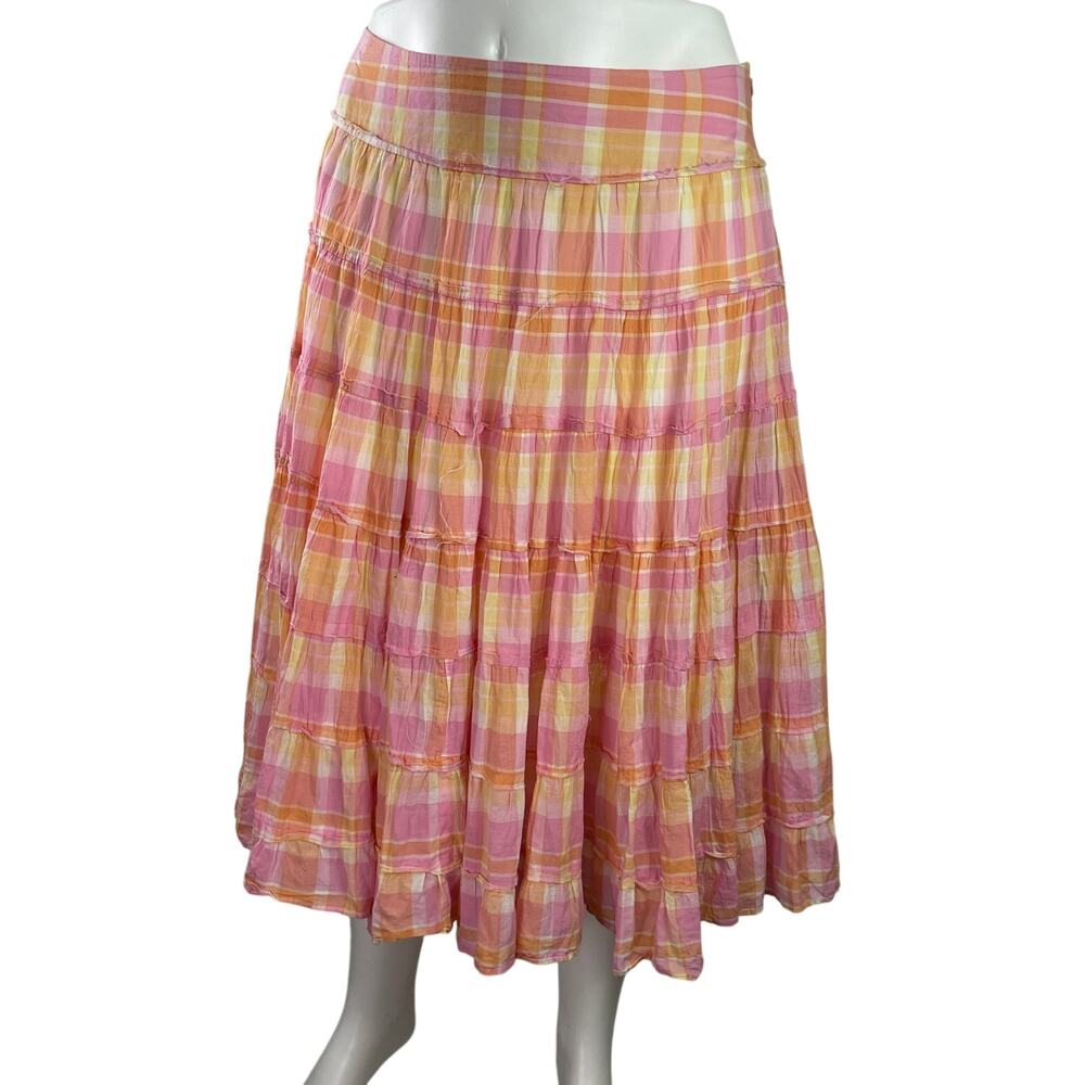 Jones New York Pink Plaid High Waist Tiered Pleated A Line Midi Skirt Size 16